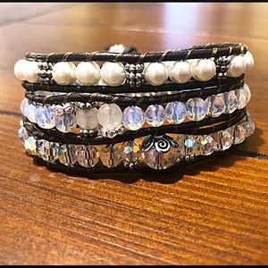 Swarovski Pearl and Crystal, and Opalite on Leathr